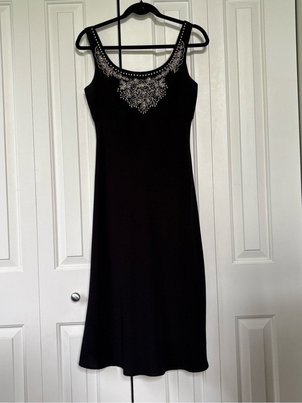 Vintage 90s Brannan Studio Black Embroidered Neckline Sheath Dress Size 6